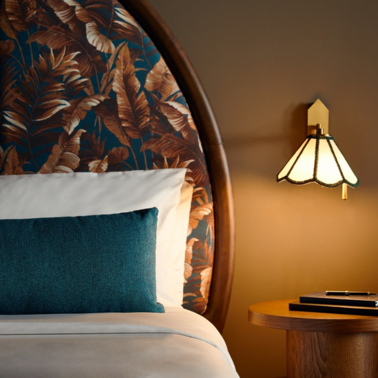 Bedside Lamp Shade with Tropical Print Headboard
